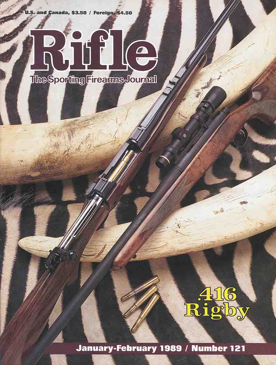A Kimber African .416 Rigby used by Layne in Zambia, as well as his Jarrett-built rifle chambered for the 8mm Remington case necked up to .416, appeared on the January-February 1989 issue of Rifle magazine.